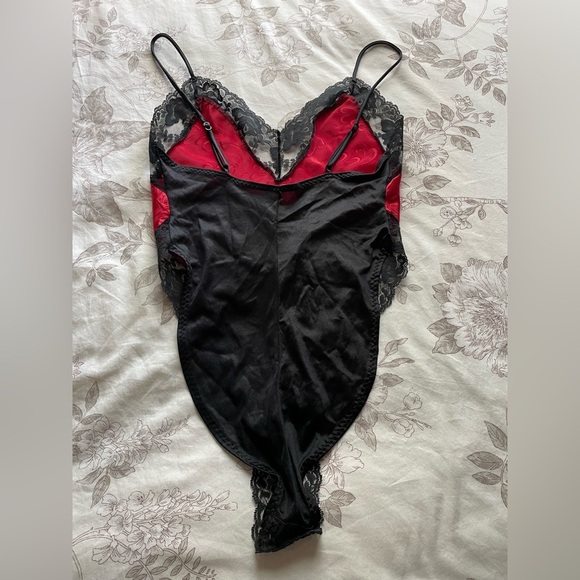 Vintage Red Black Jacquard Satin Lace Trim Teddy Lingerie 90s Small Whimsigoth - Picture 4 of 8